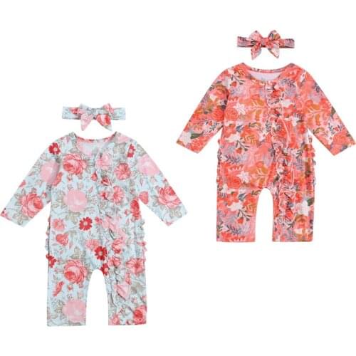 FOCUSNORM 0-12M 2pcs Baby Girls Boys Jumpsuits Headband Flowers Printed Ruffles Long Sleeve Autumn Romper