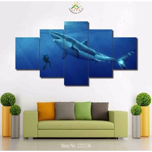 3-4-5 panels/set Diver And Shark HD Pinted Paint Home Decoration Living Room Or Bedroom Canvas Print Painting Wall Picture