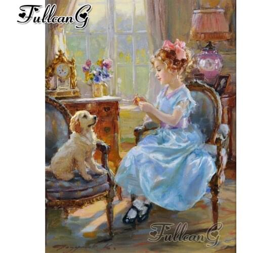 FULLCANG Cute girl loves dog diamond painting full square round drill 5d diamond embroidery sale living room decoration FC2380