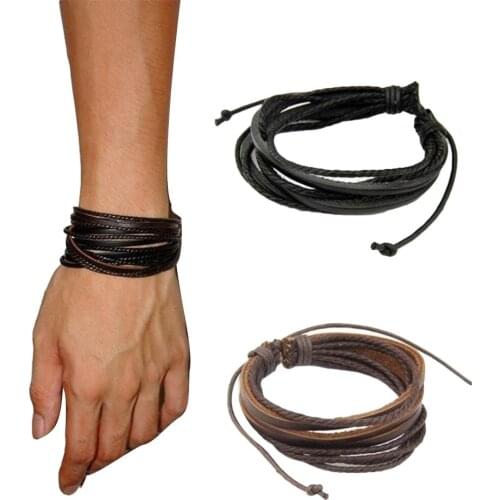 Fashion Men Women Leather Bracelet Multi-layer Faux Leather Hand-woven Braided Rope Bangle Unisex Wrist Decor Couples Gift