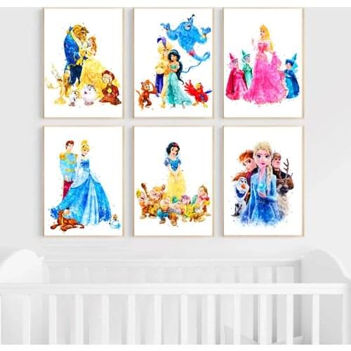 Disney Cartoon Characters Watercolor Princess Poster Print Wall Art and Prints Canvas Painting for Kids Room Decor Unframed