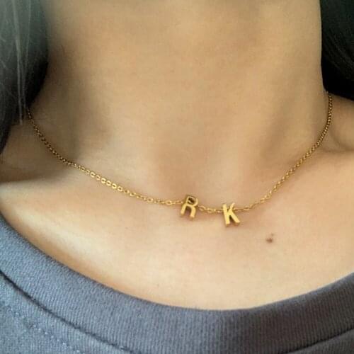 DIY 2 Alphabet ABC Letters Gold Color Charm Plated Stainless Steel A-Z Letter Pendant Necklace Women Men Collar Jewelry