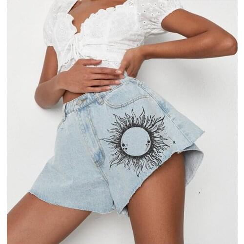 Sun Face Print Denim Shorts 2021 Summer Fashion New Boyfriend Style Short Jeans Pants Women Loose Vintage Streetwear Plus Size
