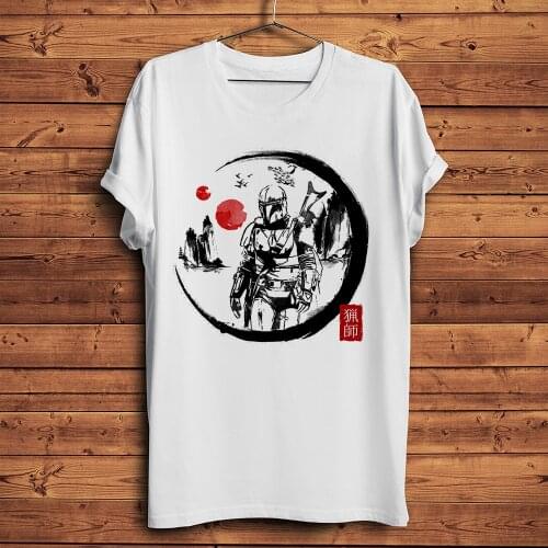 Chinese monochromes style ink mando hunter funny anime tshirt Men new White Casual short sleeve T Shirt Unisex streetwear tee