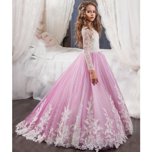 Long Sleeves Lace Lilac Lovely Little Girls First Communion Long Pageant Gowns Boho Flower Girl Dress for Wedding robe fille