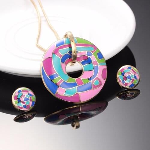 R&X 2016 Summer Style Enamel Jewelry Sets Vintage Colorful Zinc Alloy For Women Girl Necklace Pendant Stud Earrings