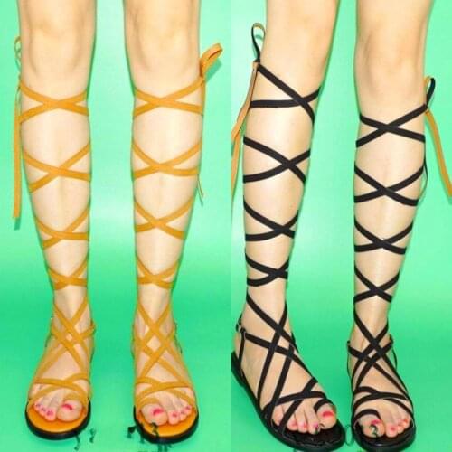 Summer Gladiators Women Strappy Knee High Sandals Boots Flat Heel Flip Flops Thongs Open Toe Party Shoes 34 35 36 37 38 39