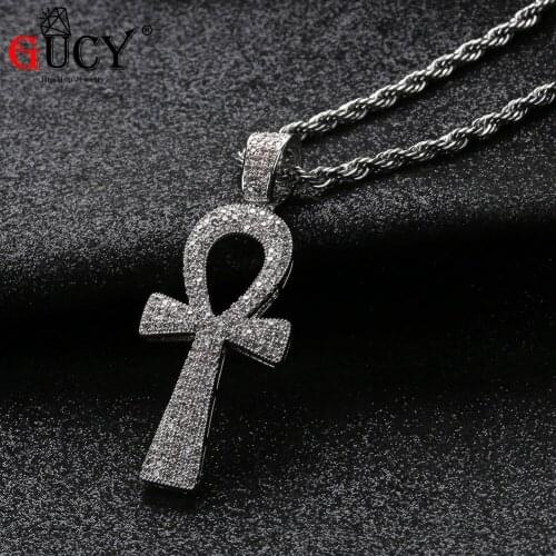 GUCY Ankh Cross Pendant Necklace Gold Color Iced Out Micro Pave CZ Stones Hip Hop Pendants & Necklaces for Men Women