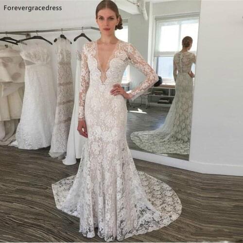 Sexy Deep V Neck Lace Wedding Dresses Mermaid Long Sleeves Formal Bridal Gowns Tailor Made Plus Size Available