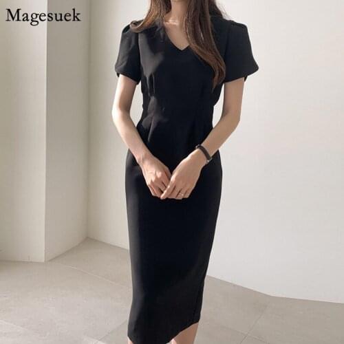Chic Elegant Black Midi Dress Women Korean Summer Short Sleeve Dress V-neck Pleated Slim Casual Dresses Female Vestidos 14499