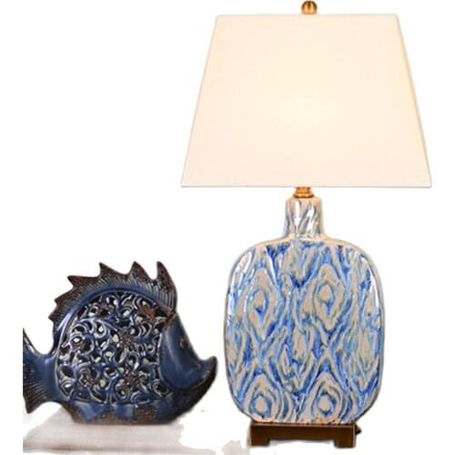 American Retro Fashion Style Blue Ceramic Table Lamp For Bed Room Bedside Living Room Foyer Study Desk Reading Night Light LD160