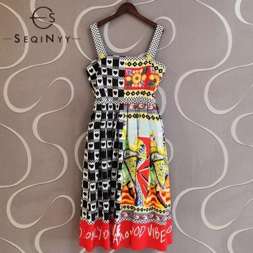 SEQINYY Sicily Style Midi Dress Summer Spring New Fashion Design Women Flowers Plaid Black White Print Elastic Waist Strapless