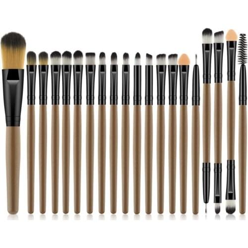 20Pcs Brown White Wooden Handle Brown Gold Tube Eye Makeup Brush Set Blooming Outline Tool To Create A Refined Look #LR1