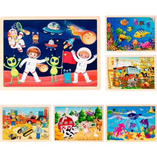 24/48/100Pcs Wood Cartoon Vehicle Animal Blocks Jigsaw Puzzle Kid DIY Early Education Toy