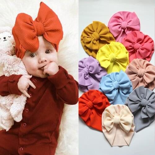 30 Colors Newborn Toddler Kids Baby Girl Boy Turban Beanie Hat With Bow Big Bowknot Cap Solid Soft Hospital Caps