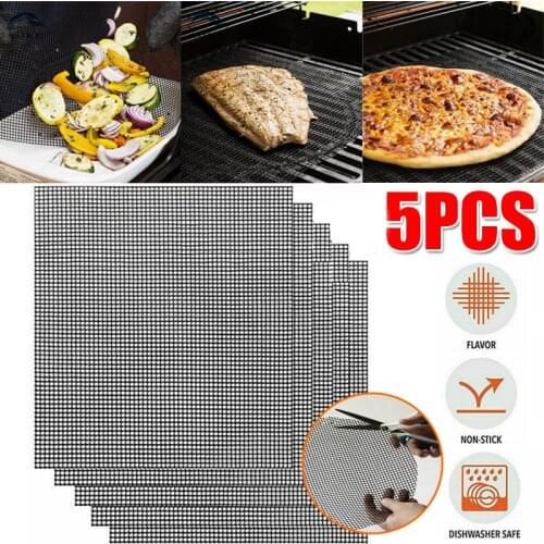 5pcs Reusable Sheet BBQ Grill Mesh Non-Stick Mat Resistant Cooking Baking Barbecue Grilling Mat Pad