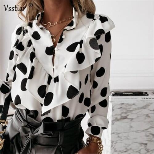 Ruffles Blouse Women Print Long Sleeve Casual Office Ladies Shirt Plus Size Sexy V Neck Tops Woman Blouse Shirts
