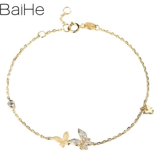 BAIHE Solid 18k Yellow Gold 0.12ct SI/H Natural Diamonds Wedding Gift Trendy Fine Jewelry beautiful butterfly Diamond Bracelet
