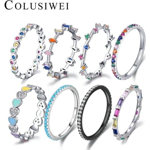 Colusiwei 925 Sterling Silver Rainbow Color CZ Enamel Turquoise Stackable Wedding Rings For Women Fashion Wedding Fine Jewelry
