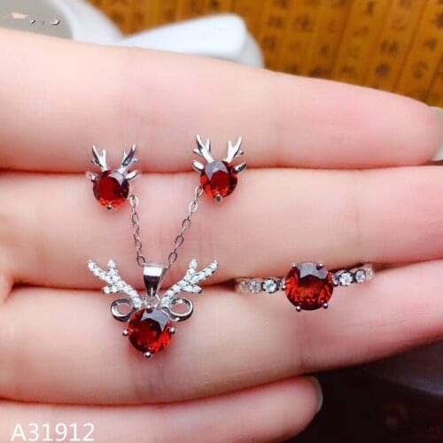 KJJEAXCMY Boutique jewelry 925 Sterling Silver Natural Garnet Gem Girl Necklace Pendant Ring Earrings 3 Piece Set Free Shipp