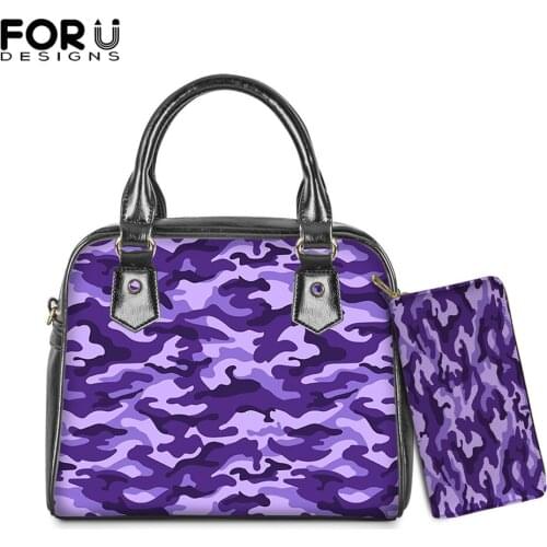 FORUDESIGNS Funny Design Women Handbags And Purse Set Purple Camouflage Pattern Print Luxury Designer Messenger Crossbody Sac