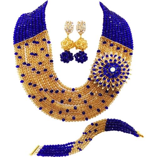 Fashion Royal Blue Champagne Gold Nigerian Wedding African Beads Jewelry Set Crystal Necklace Bracelet Earrings Sets 10SZ12