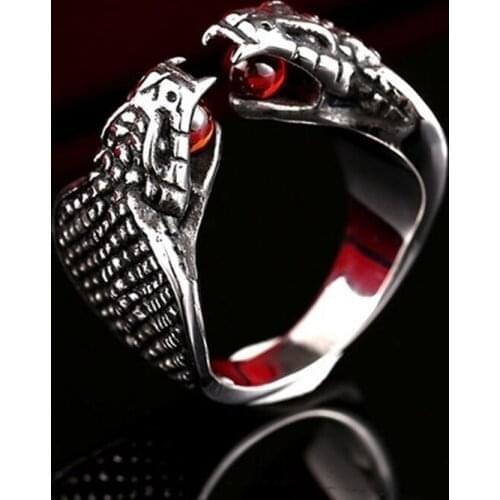 Retro Fashion Double Snake Headband Red Natural Stone Mens Ring Popular Exaggerated Gift Jewelry Size 7~13