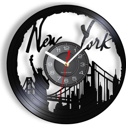 New York Wall Clock NY Brooklyn Bridge Wall Art Vintage Vinyl Record Wall Clock USA Cityscape Travel Gift Decorative Vinyl Clock