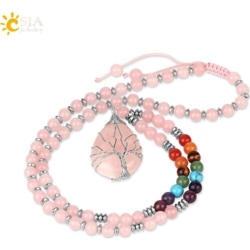 CSJA Tree of Life Wire Wrap Water Drop Pendants Chakra Natural Stone Aventurine Pink Crystal Beaded Necklaces for Women Men S476