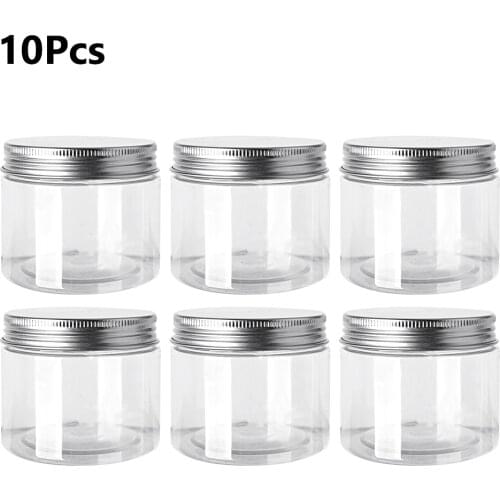 10Pcs 30-500ml Clear Aluminum Lid Round Wide Mouth PET Plastic Storage Jars Container Canister Transparent Travel Bottle Pots