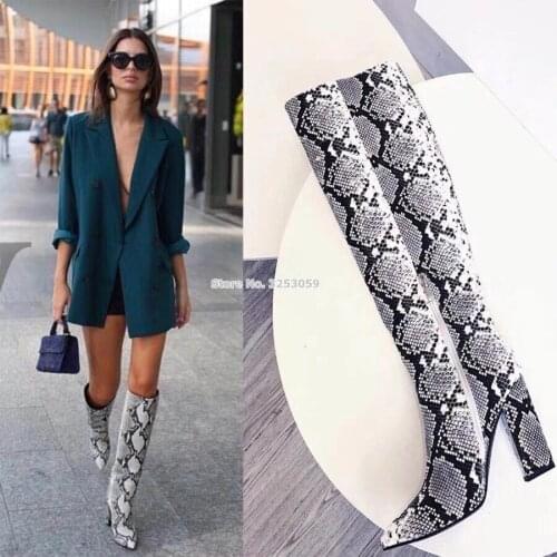 ALMUDENA Women Sexy Grey Snakeskin Chunky Heel Knee Boots Pointed Toe Python Pattern High Boots Printed Runway Dress Shoes