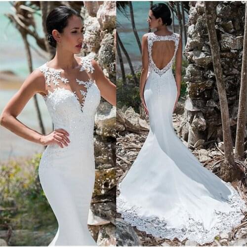 Sexy Mermaid Wedding Dress Sleeveless Lace Appliqued Illusion Back Boho Wedding Gown Long Train Bride Dress Vestido De Noiva