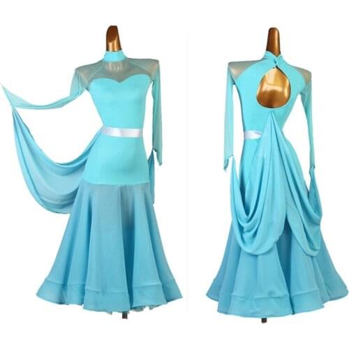 Blue standard ballroom dress long dresses Women Stage Waltz Ballroom Dress ballroom dress competition mq279