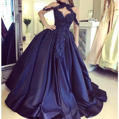 Modest A Line Navy Blue Evening Dress 2021 Beaded Applique Prom Gowns Long Sleeves robe de soirée Engagement Party Wear