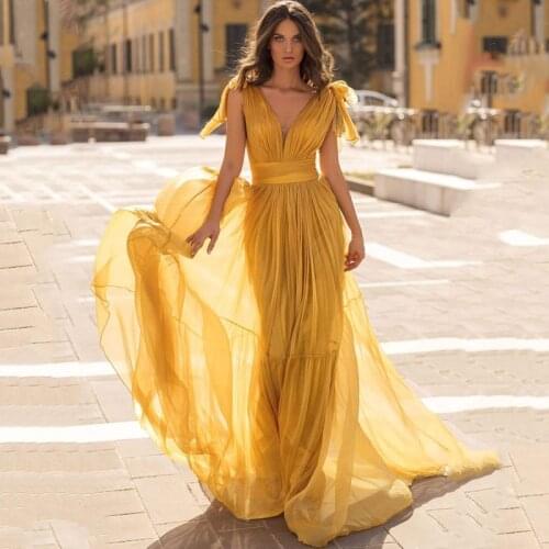 Thinyfull Yellow White Tulle Evening Dresses Sexy Deep V-neck Sleeveless Backless A-Line Party Prom Gown Long Dress Custom Size