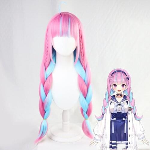 VTuber Hololive Minato Aqua Wig Cosplay Mixed Blue Pink Braids Styled Synthetic Hair Halloween Party Wigs + Free Wig Cap
