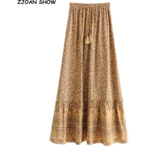 2021 Bohemia Leopard Print Long Skirt Spliced Ruched Ruffle Hem Hippie Women Tassel Tie Bow Swing Skirts Holiday Beach