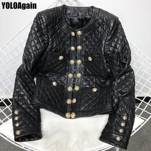 YOLOAgain women genuine leather jacket ladies double breasted real leather coat