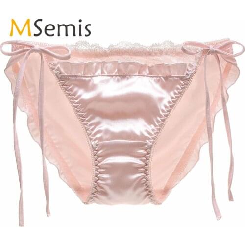 Womens Lace Trim Underwear Satin Briefs Ladies Solid Color Sides Lace-up Pleated Panties Elastic Waistband Underpants