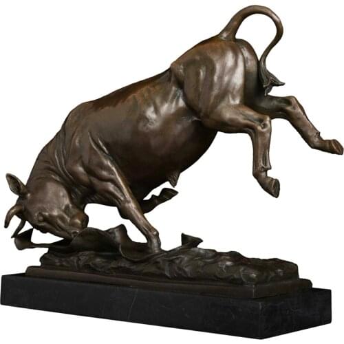 ArtsHom DW-052 Handicraft Bronze Spanish Bullfight Bull Sculpture Statue Copper Cattle Figurine With Marble Base For Office