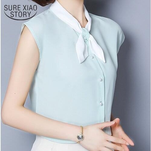 Blusas mujer de moda 2021 ladies tops off shoulder top womens clothing harajuku chiffon blouse Sleeveless Solid Bow 2881 50