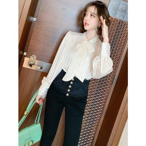 Intellectual elegant lace-up butterfly collar western style wild straight slim striped shirt womens 2020 autumn new