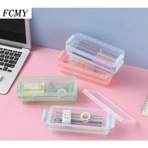 Kawaii PP Plastic Transparent Pencil Case Double Layer Multifunction Pen Stationery Box Kids Large Capacity Storage Organizer