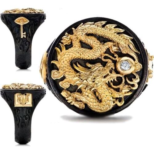 Secret Boy Vintage Mens Gold Dragon Crystal Black Colour Ring Personality Party Jewelry Wedding Engagement Band For Men