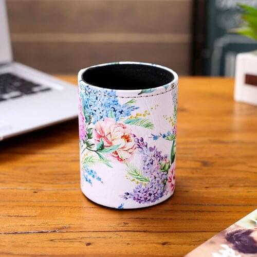 LINKWELL Cute Purple and Blue Lilac Flower Pattern PU leather Pencil Cup Pen Holder Desk Organizer Storage Box Case