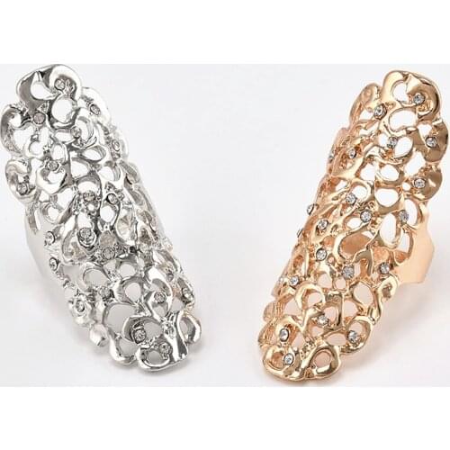Fashion Women Exaggerate Hollow Out Rings Retro Boho Gold Silver Plated Rhinestone Big Knuckle Female Party Rings Jewelry