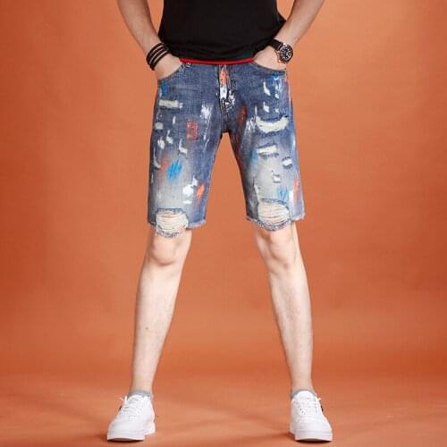 Mens Denim Shorts 2021 Summer Painting Ripped Burr Short Jeans Streetwear Casual Thin Straight Knee Length Pants