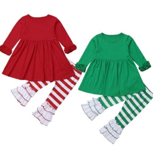 XMAS Kids Baby Girl Stripes Cotton Top Dress Long Pants Leggings Outfits Clothes Size 2-6T