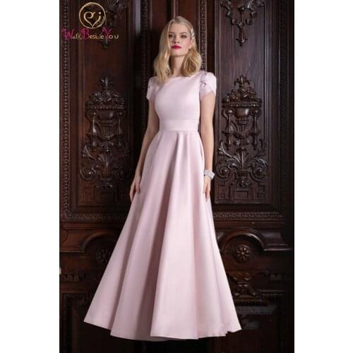 Pink Prom Dresses 2021 Long Satin Cap Short Sleeve Elegant A Line Simple Belt Floor Length Evening Formal Party Gown Custom made