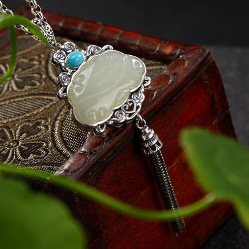 Silver S925 Pure Silver Retro Natural Hetian Jade White Jade Mosaic Turquoise Tassel Female High-end Pendant Wholesale